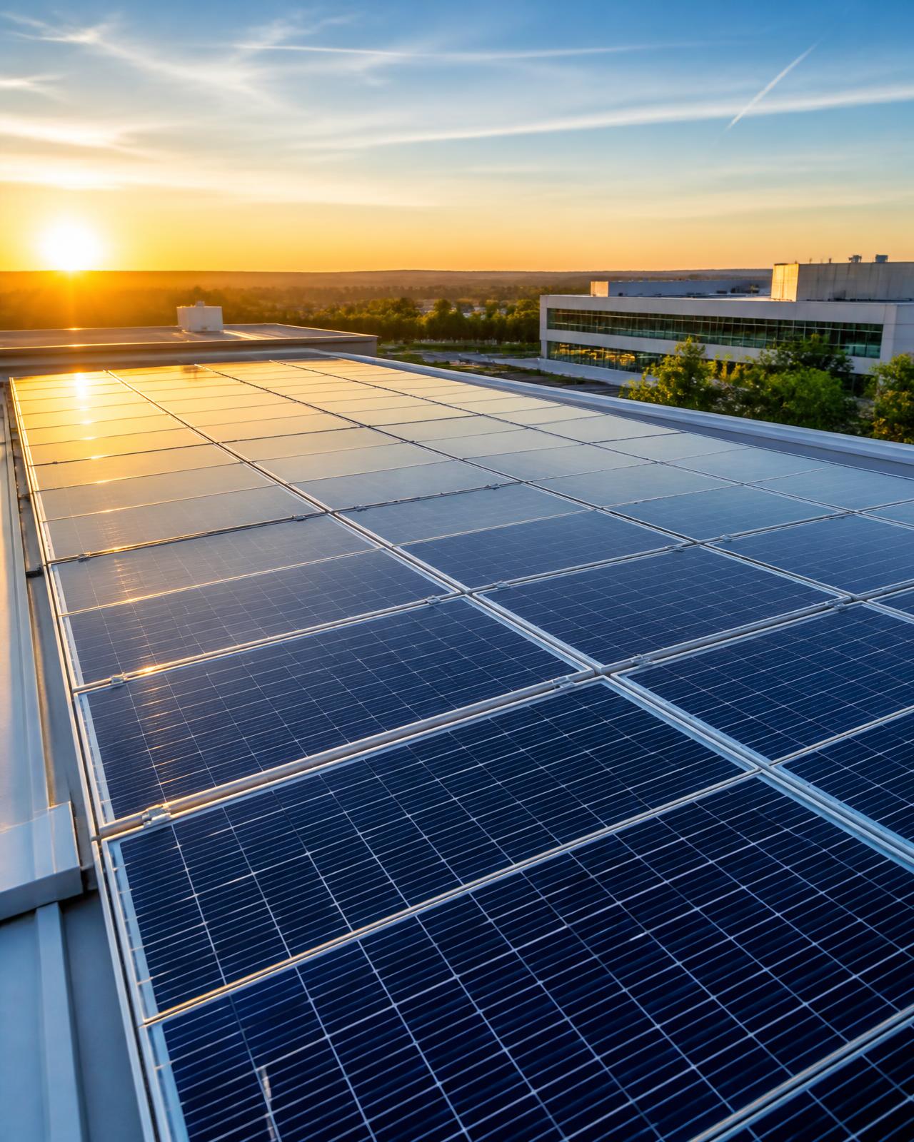 Vista aérea de painéis solares limpos ao amanhecer